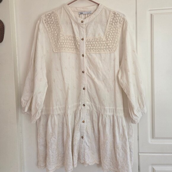 ZARA Cream Embroidered Boho Blouse/Tunic 100% cotton - Picture 1 of 13